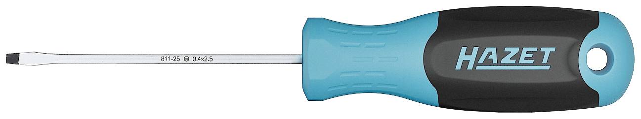Un tournevis à tête plate avec une poignée bleu-noir et une lame en métal sur laquelle est inscrit 'HAZET'. Adapté aux travaux manuels.