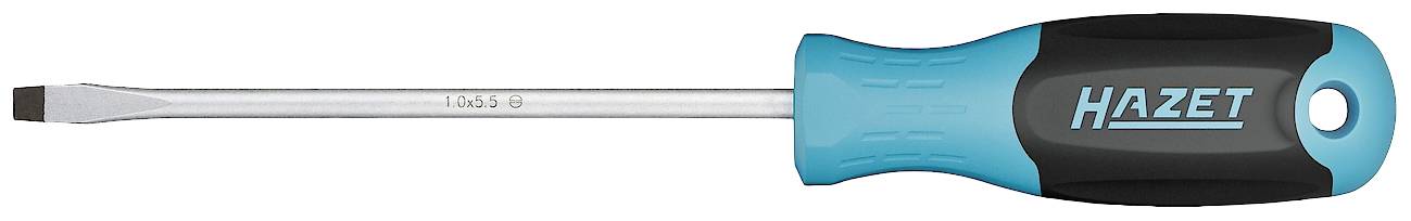 Tournevis plat avec manche noir et turquoise, portant le nom de marque 'Hazet' sur le manche. Adapté pour les travaux avec des vis à fente.