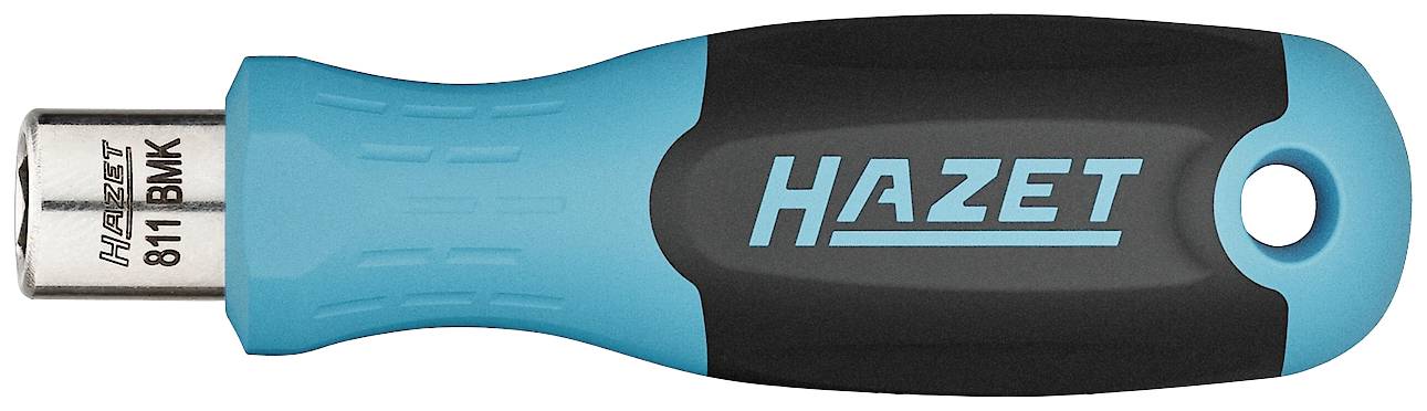 Une poignée de tournevis bleue avec un embout noir, portant l'inscription 'HAZET 811 BMK' sur la tête métallique.