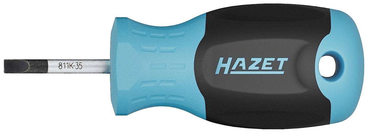 Tournevis à manche bleu et noir, logo 'Hazet'. Tête plate, adapté aux travaux de vissage standard.