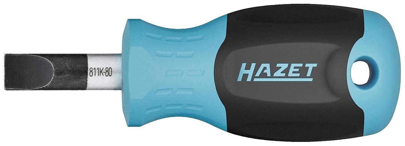 Un tournevis avec une poignée bleu-noir portant l'inscription 'Hazet'. La tige est plate et en métal.