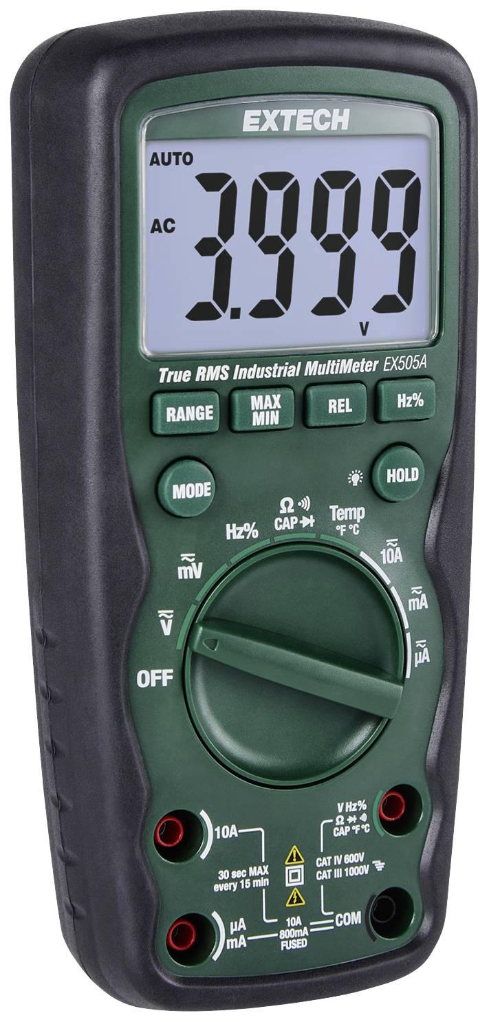 Multimètre numérique à affichage vert indiquant '3,999'. Nom de marque en haut, molette de sélection et connexions en bas. Appareil destiné aux mesures électroniques.