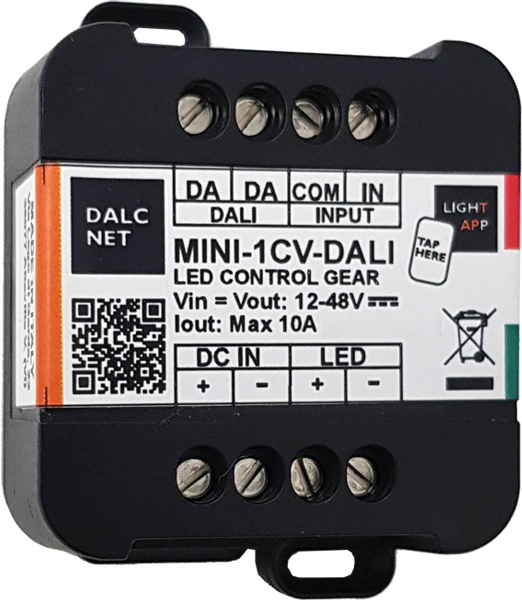 Dispositif électronique de commande LED, modèle 'MINI-1CV-DALI', avec bornes d'entrée/sortie et code QR pour intégration d'application.