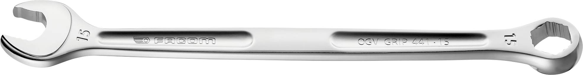 Une clé à fourche en argent avec deux embouts de tailles différentes, marquée '13' et '15'.