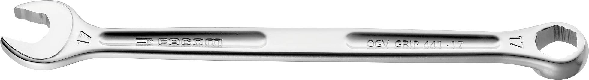 Une clé à anneau en argent portant les dimensions '17' et '19'. La clé présente une extrémité ouverte et une extrémité en forme d'anneau.