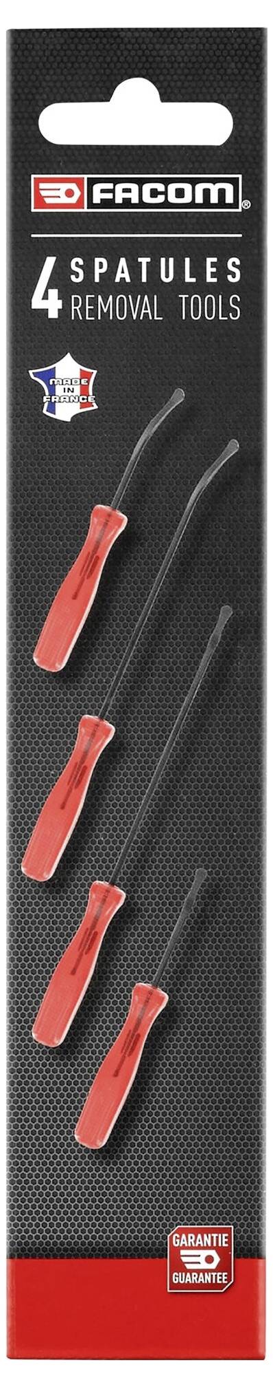 Quatre spatules rouges sur fond noir, emballées par la marque Facom. Marquées comme '4 Spatules Removal Tools' avec le logo français.