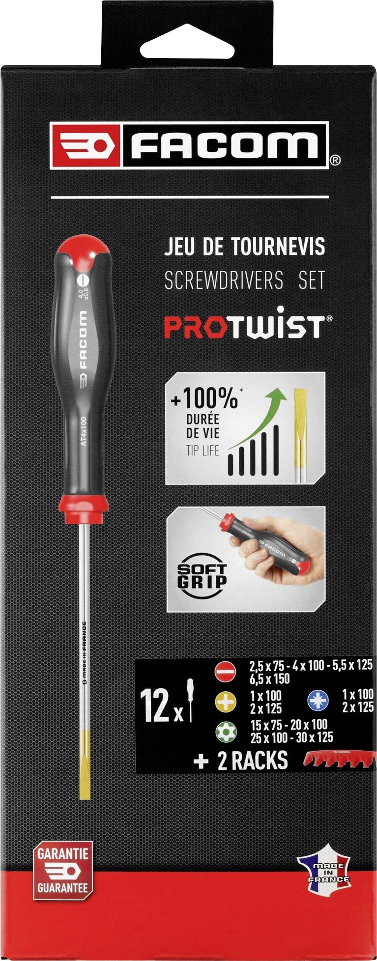 Emballage du kit de tournevis FACOM Protwist. Contient 12 tournevis, avec mise en avant de la fonction 'Grip', garantie et détails illustrés.