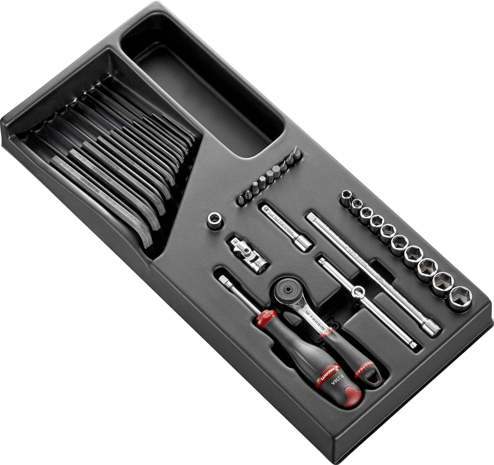 Un ensemble d'outils variés, comprenant des clés à molette et des douilles, soigneusement rangés dans un tiroir noir.