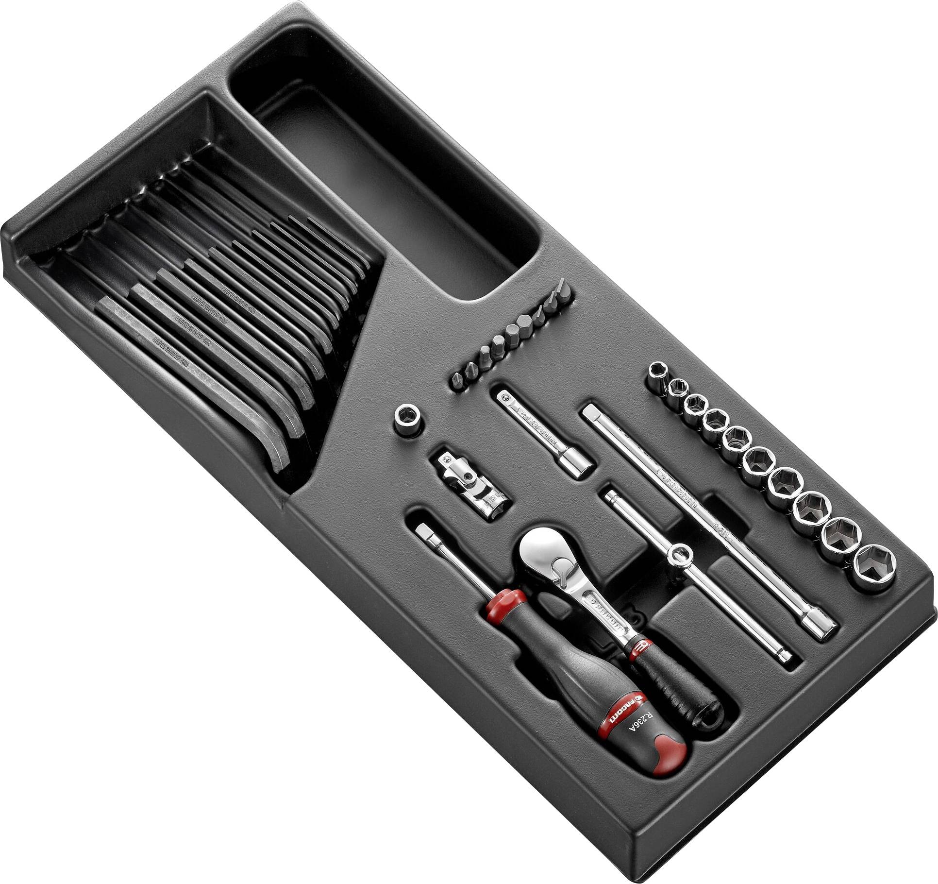 Ensemble d'outils comprenant des clés, des tournevis et des douilles soigneusement rangés dans un insert noir.