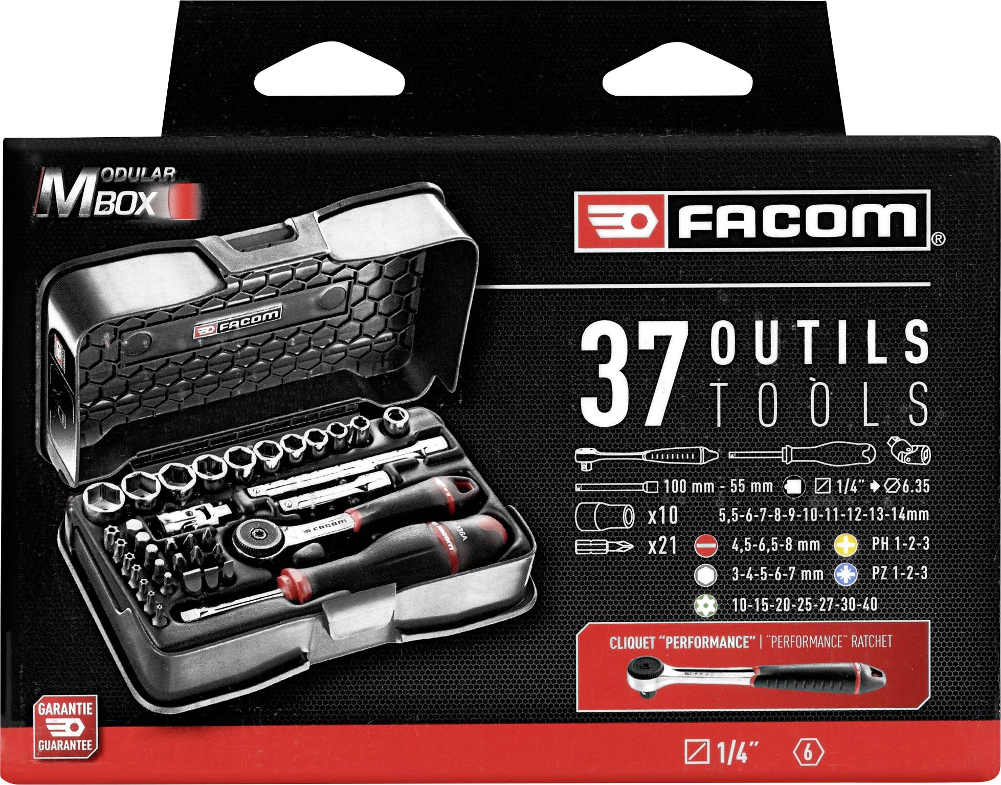 Une boîte à outils Facom contenant 37 outils, incluant des clés à douille, des clés à cliquet et des rallonges, présentée sur un fond noir.