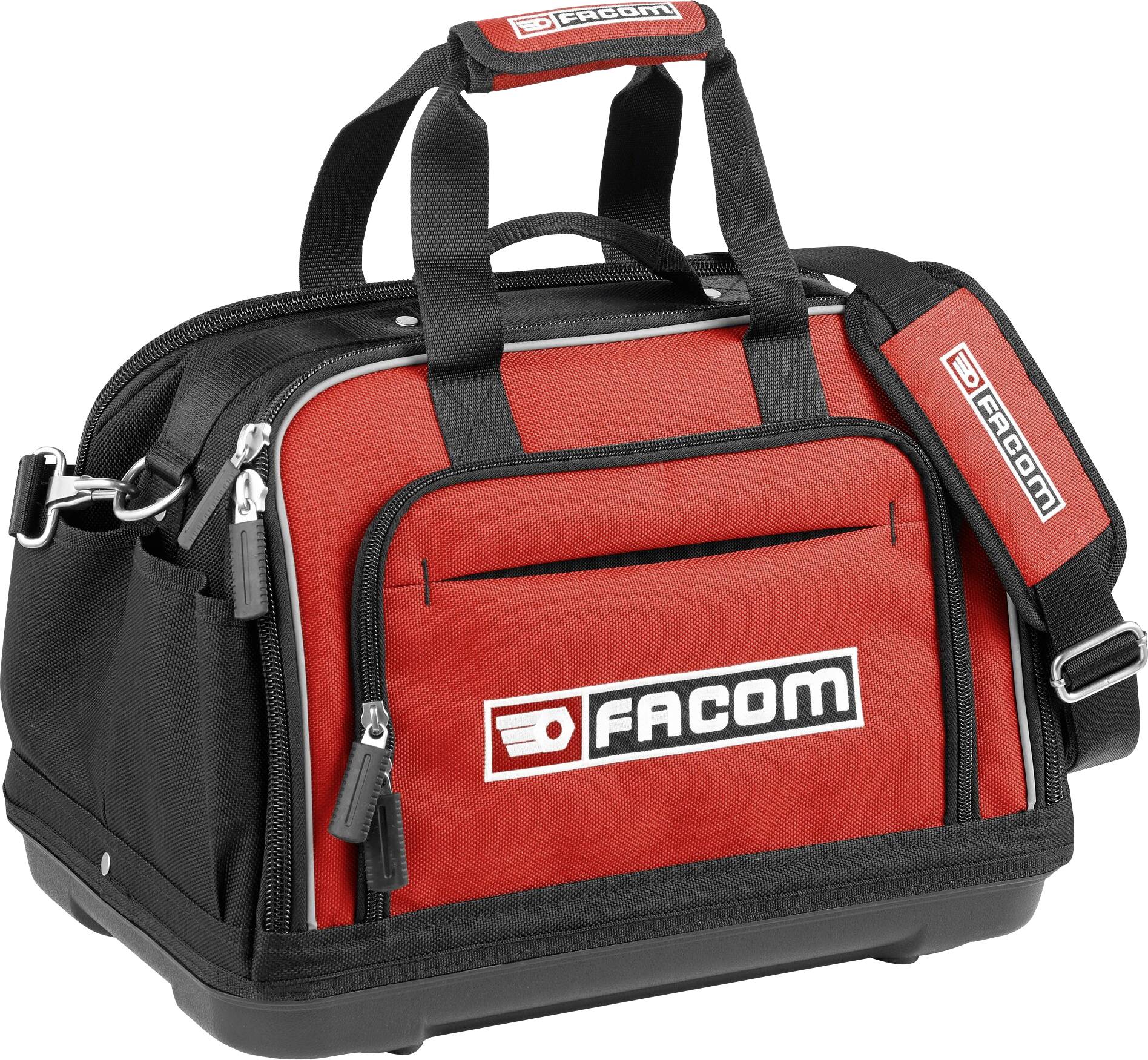Sacoche à outils rouge et noire avec logo 'FACOM', équipée de plusieurs fermetures à glissière et compartiments, design robuste, avec bandoulière fixée.