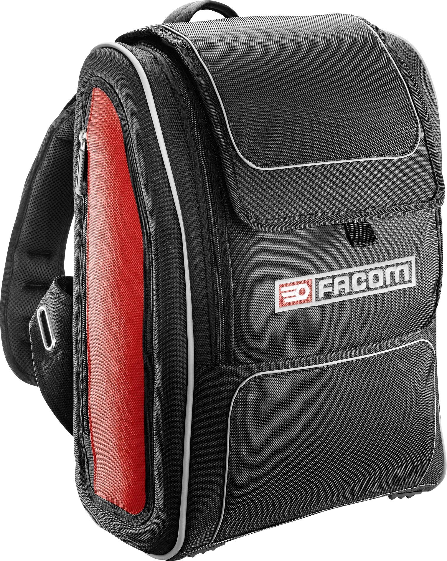 Sac à dos à outils noir avec logo d'entreprise, partie latérale rouge et poche à fermeture éclair. Adapté pour le transport d'outils.
