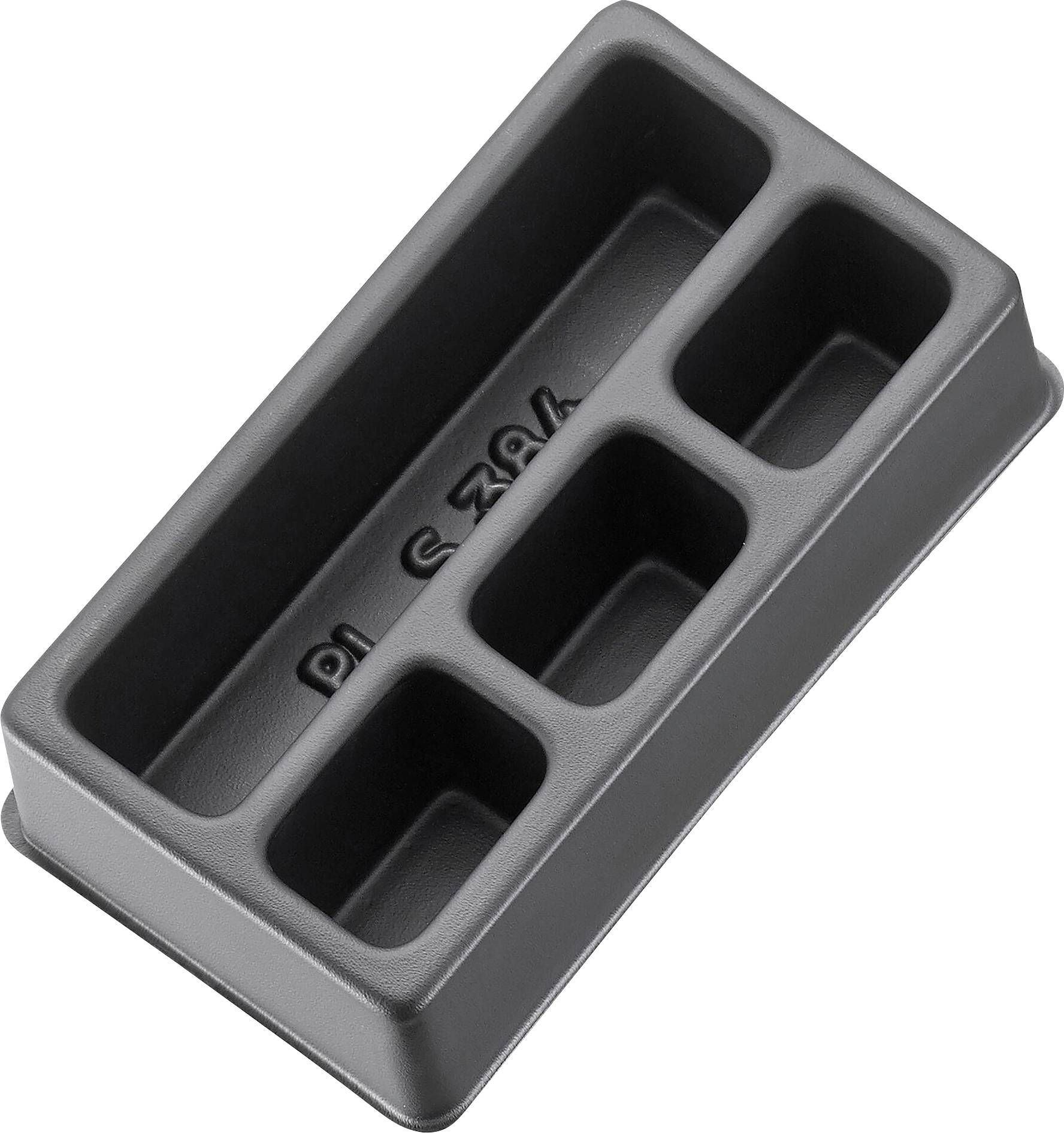 Boîte rectangulaire noire en plastique avec trois petites cavités rectangulaires, adaptée à l'organisation ou au rangement.