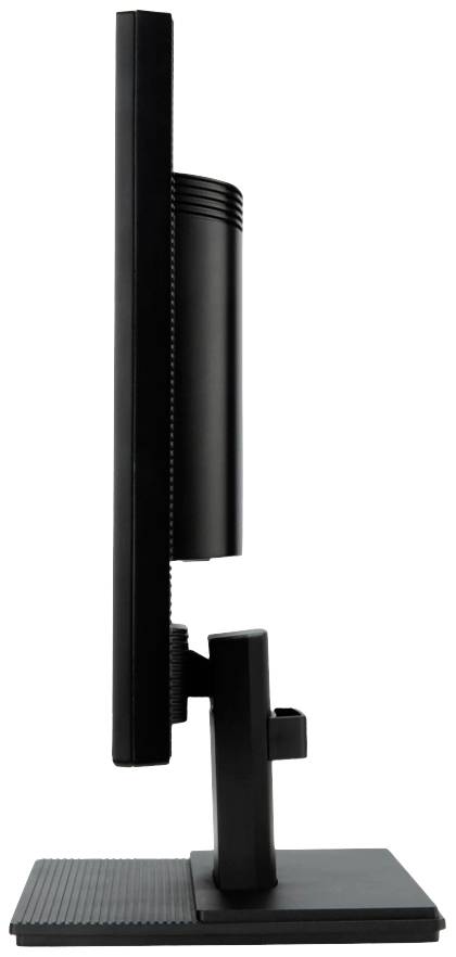 Un moniteur d'ordinateur noir vu de côté montre son profil élégant et son socle ajustable.