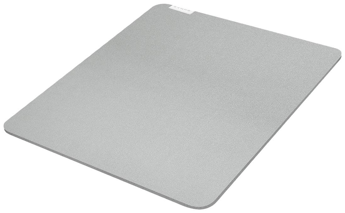 Tapis de souris gris, rectangulaire avec des coins arrondis sur un fond blanc.