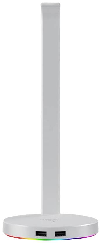 Un support vertical pour casque avec deux ports USB sur la base ronde et une barre lumineuse RVB à la base.