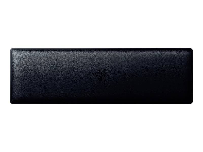 Repose-poignets ergonomique noir en cuir avec un logo au centre, conçu pour soutenir l'utilisation d'un clavier.