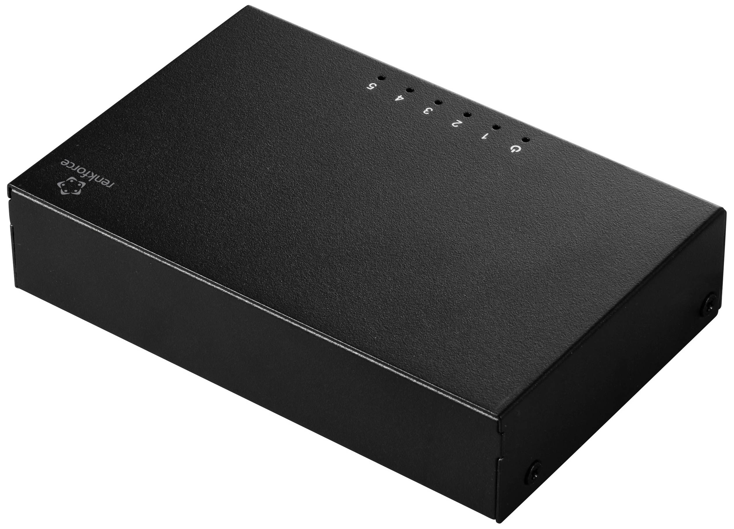 Un commutateur réseau noir avec cinq ports Ethernet et des voyants LED, adapté pour connecter plusieurs appareils dans un même réseau.