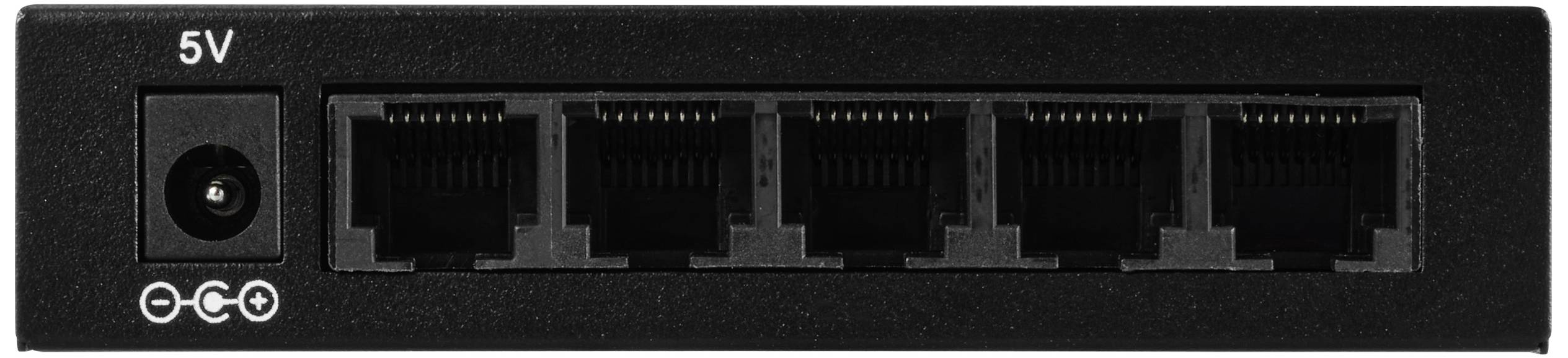 Commutateur réseau à cinq ports Ethernet et avec une prise d'alimentation 5V, adapté à la gestion et à la distribution des connexions réseau.