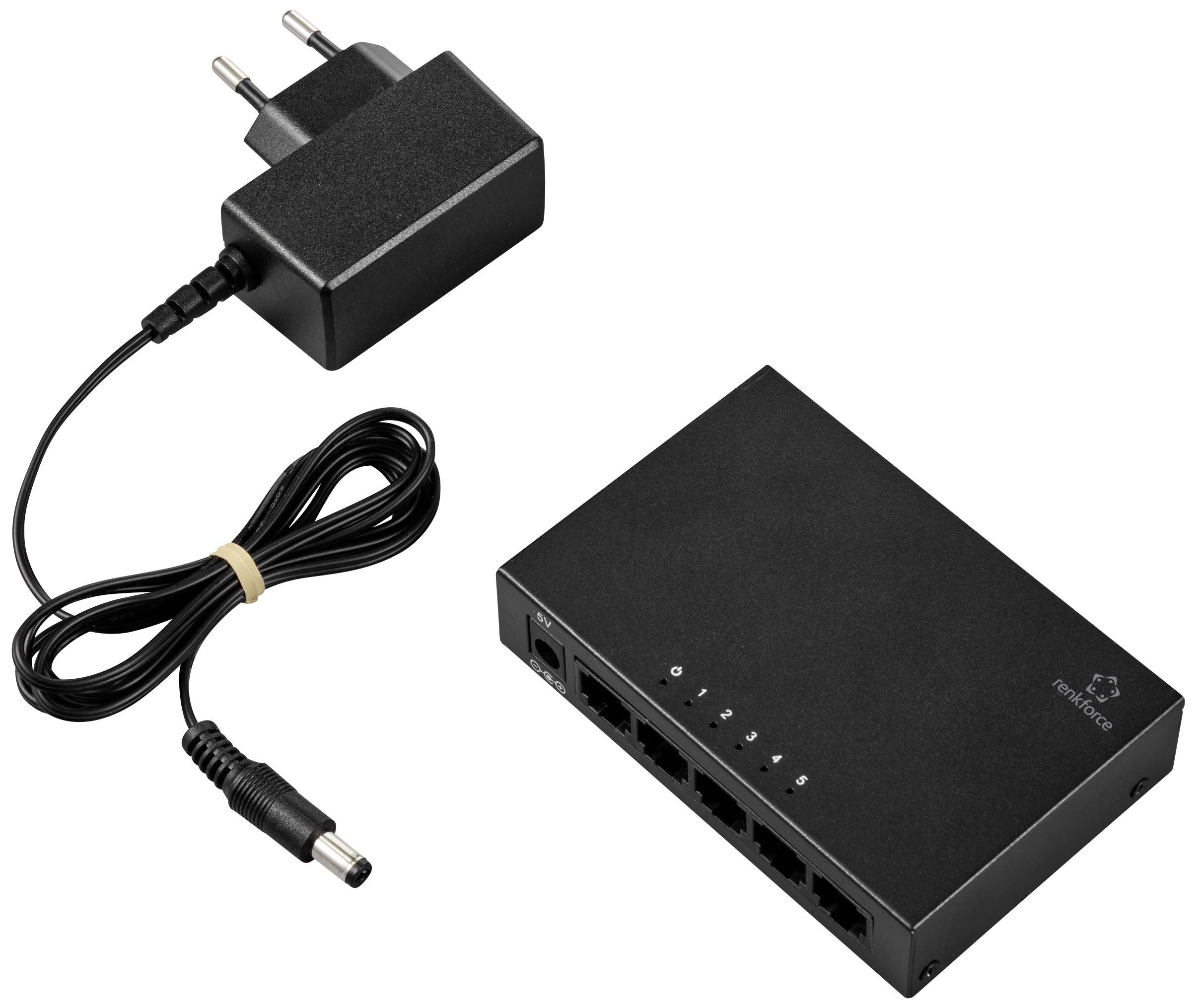 Bloc d'alimentation et switch réseau noir avec quatre ports Ethernet, adapté aux petits bureaux ou aux réseaux domestiques.