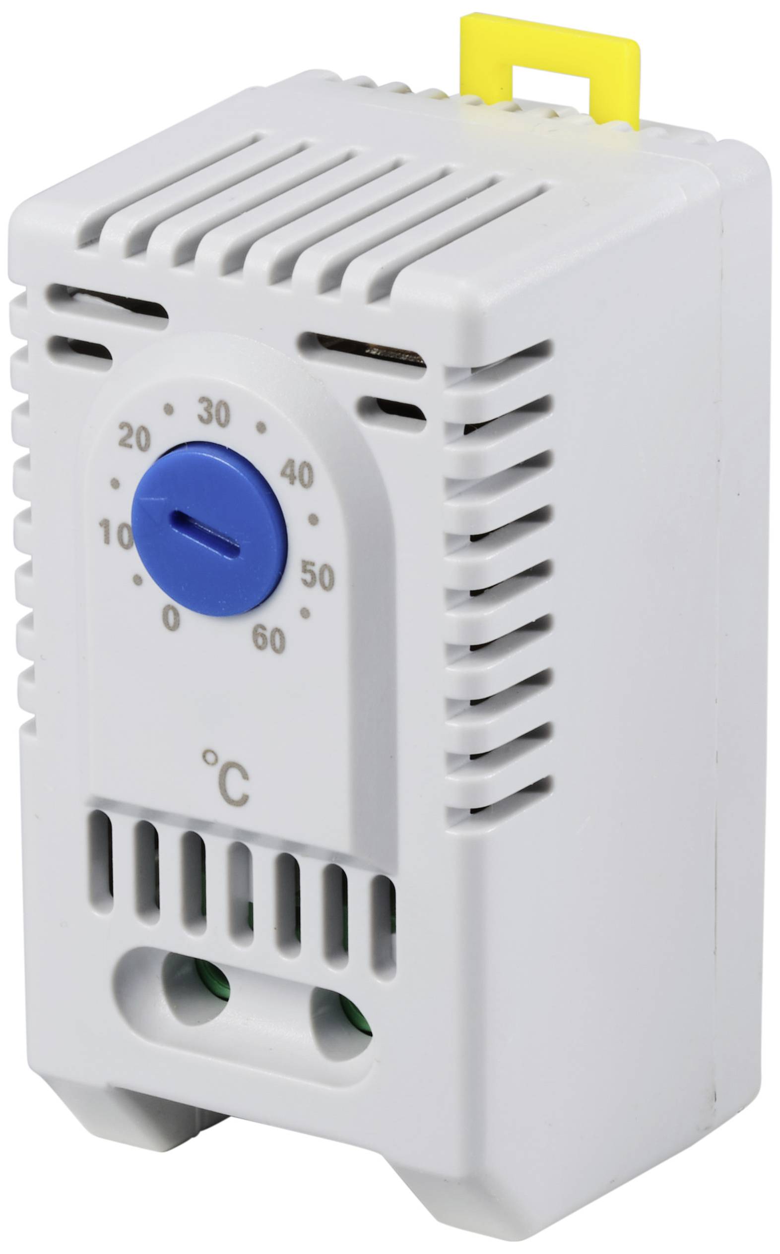 Boîtier thermostatique blanc rectangulaire avec molette de réglage bleue et affichage de température de 0 à 60 degrés Celsius.