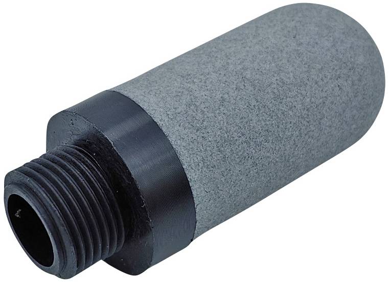Un filtre à air cylindrique gris avec un embout fileté noir.