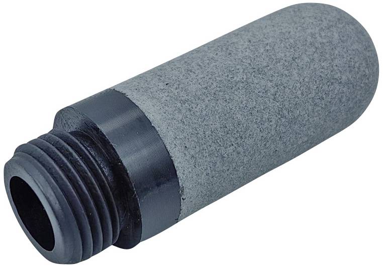 Pierre à air cylindrique grise avec filetage noir, utilisée pour l'aération dans les aquariums et les systèmes hydroponiques.