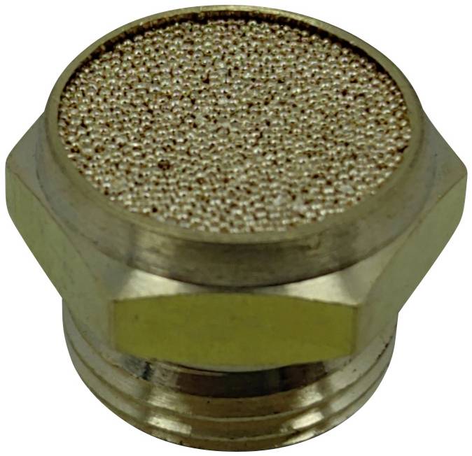 Un silencieux métallique cylindrique à base hexagonale et à surface poreuse, utilisé pour réduire le bruit des machines.