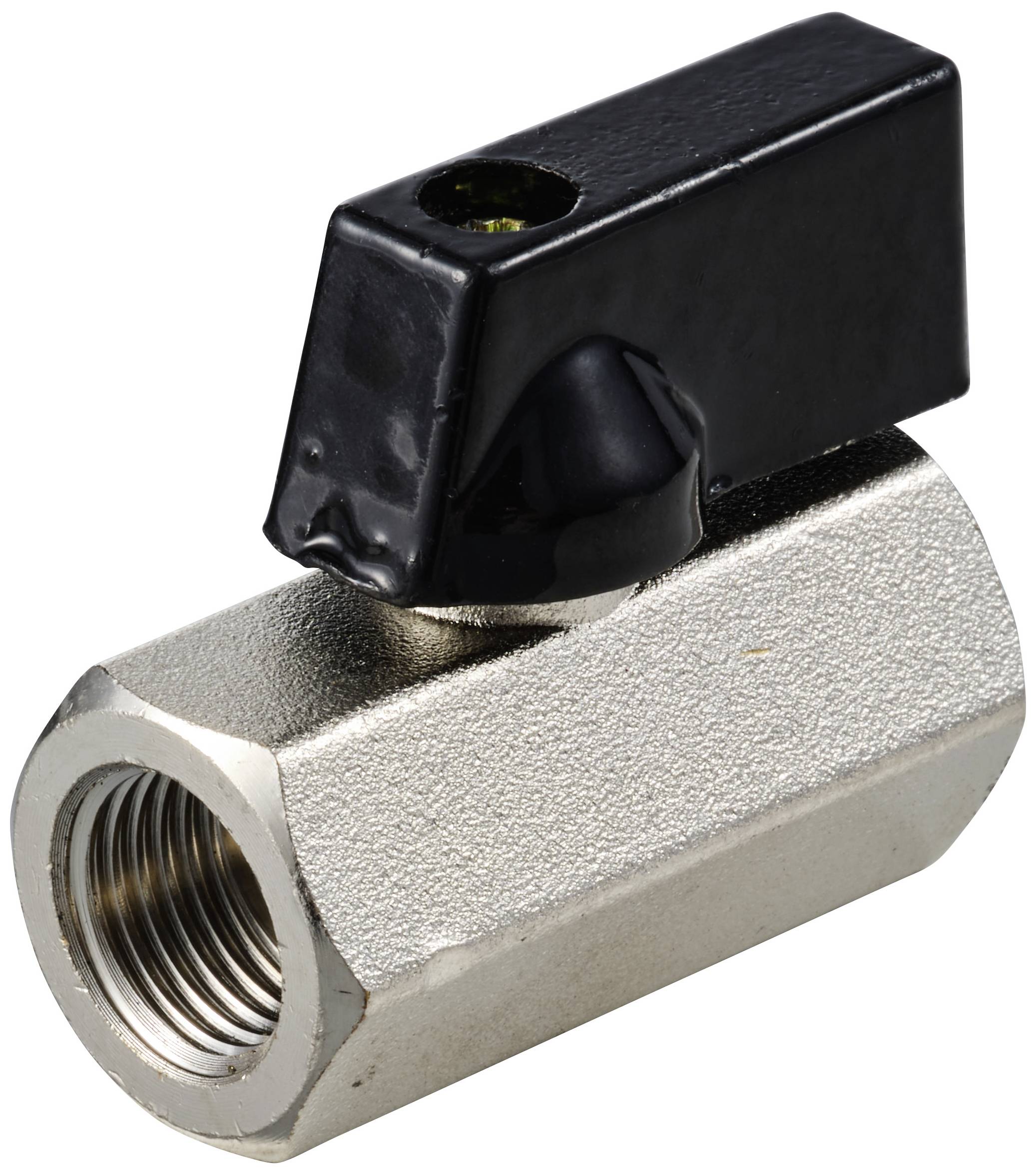 Une vanne sphérique en métal avec une poignée de levier noire. Vanne adaptée aux systèmes de tuyauterie pour contrôler le flux de liquides.