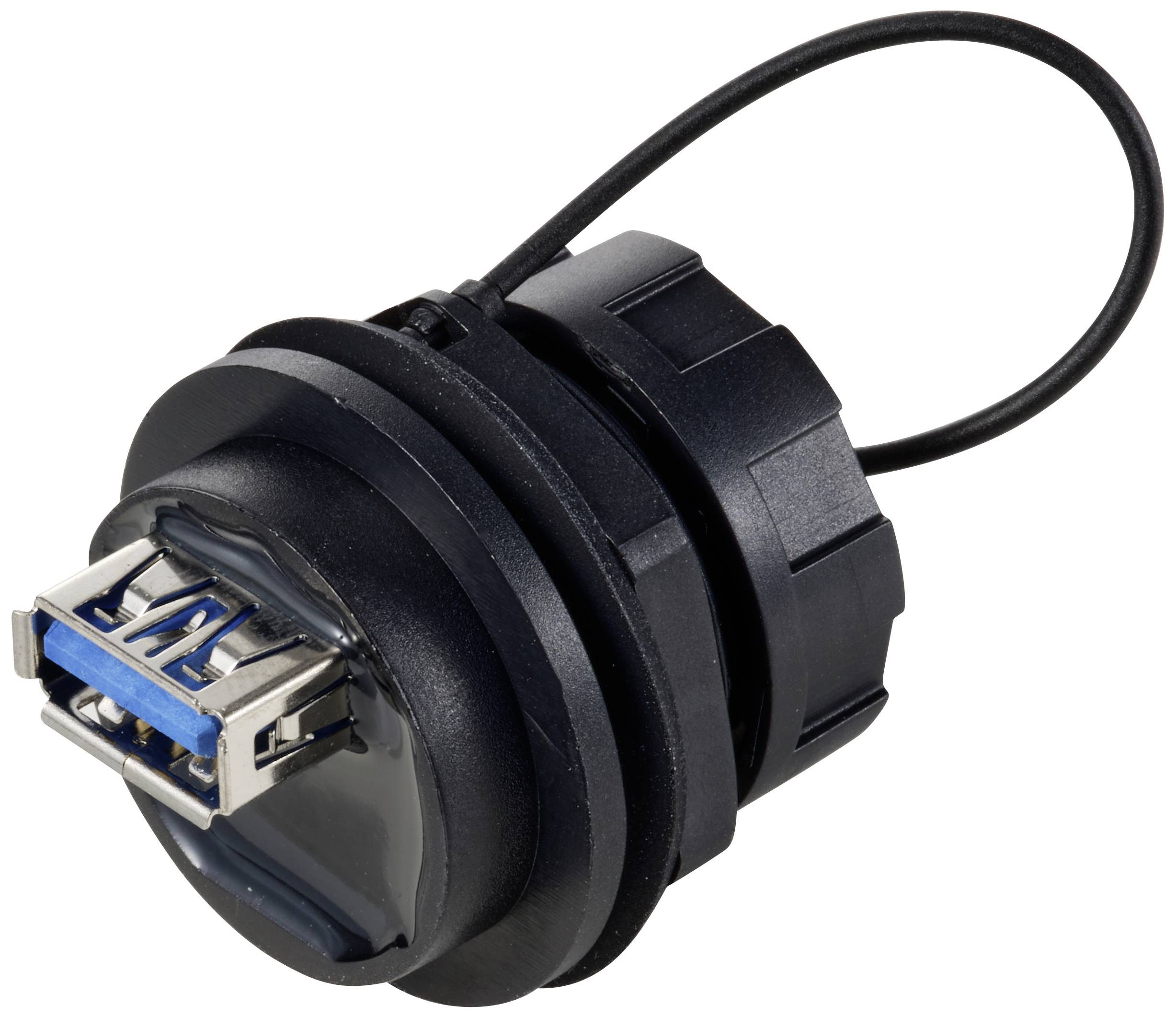 Connecteur USB noir avec intérieur bleu, montable par un socle, avec câble de fixation. Adapté aux applications techniques.