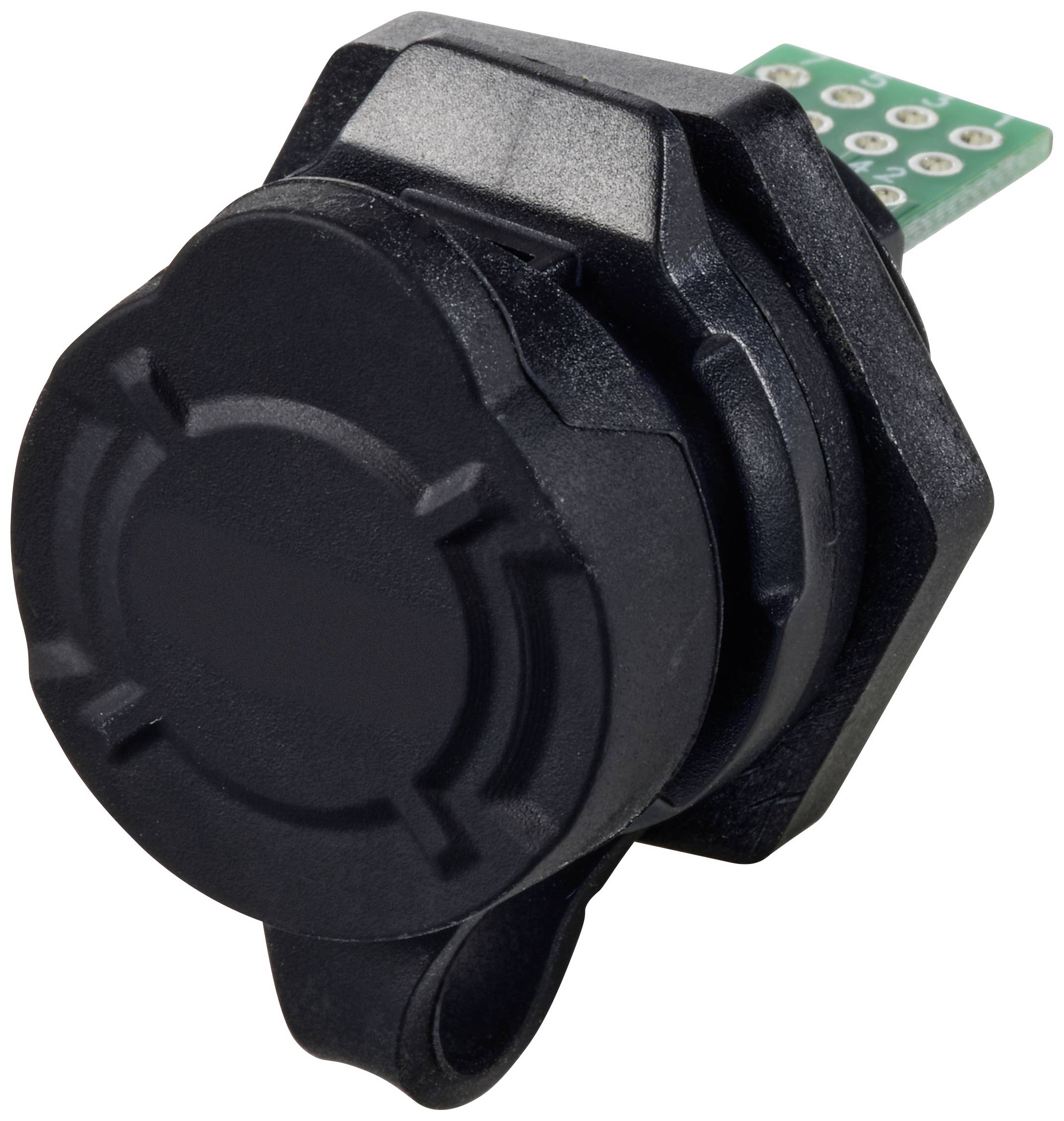 Un capteur électrique noir avec un boîtier rond et un circuit imprimé vert, adapté aux applications techniques.