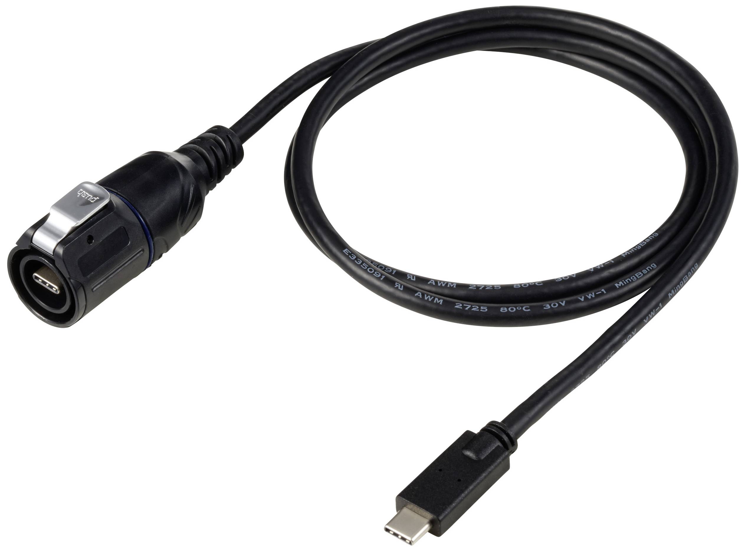 'Un câble de connexion USB-C avec un connecteur robuste en combinaison de carbone et un connecteur traditionnel à l'autre extrémité.'