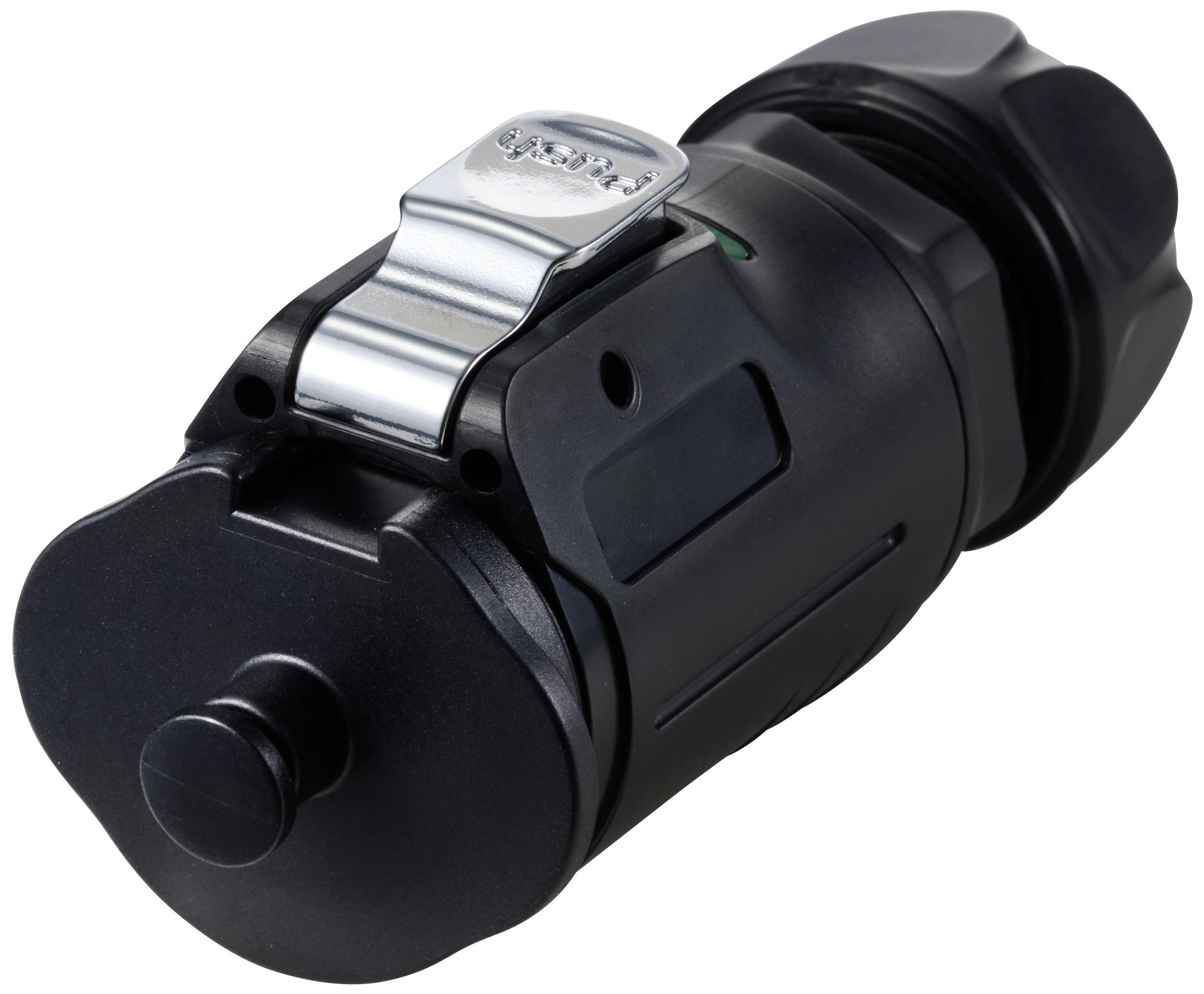 Appareil noir, cylindrique, doté d'un clip argenté et d'un mécanisme de fermeture rotatif. Probablement un accessoire technique ou mécanique.