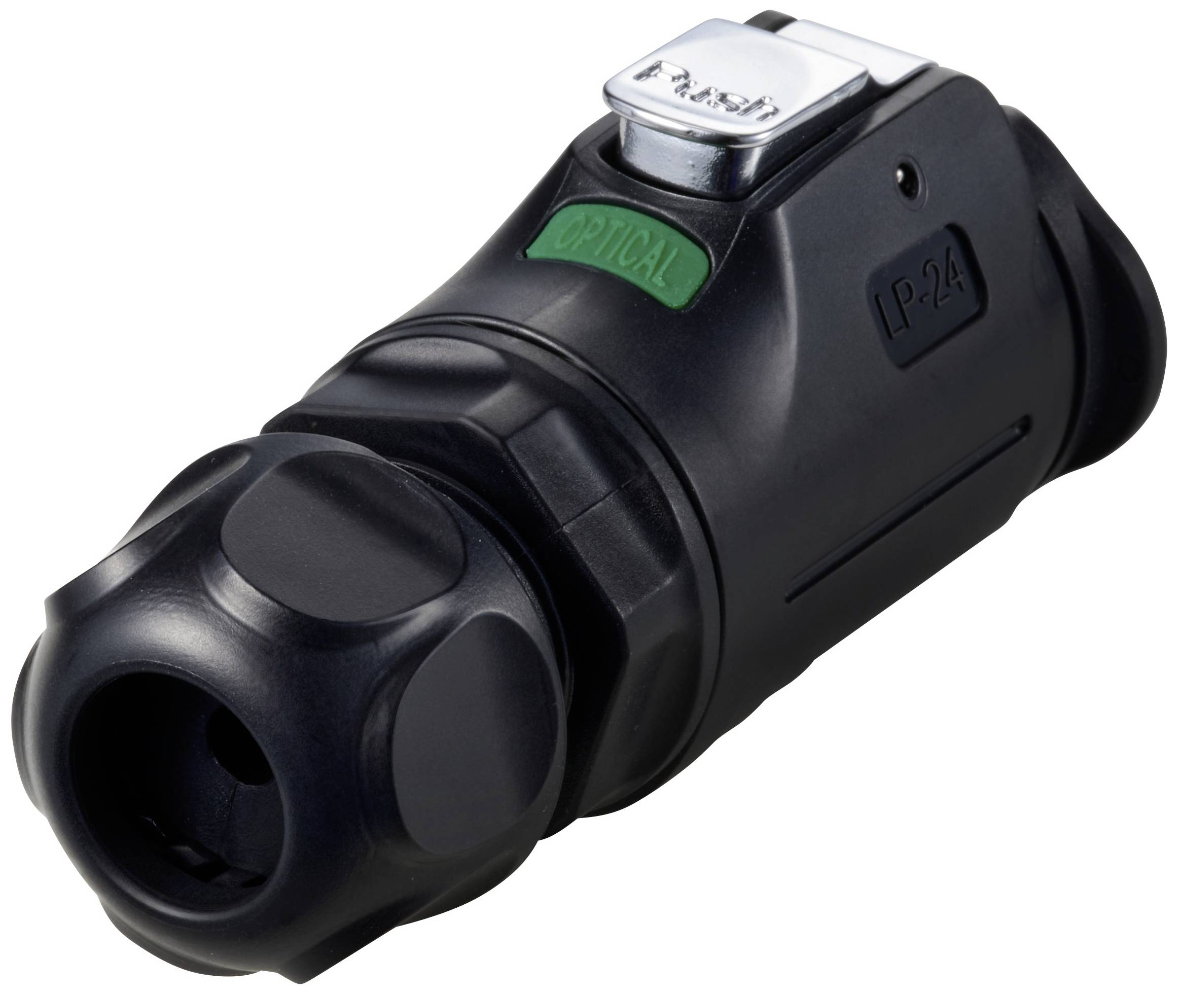 Connecteur noir avec étiquette verte 'OPTICAL', marquage P-24 et bouton-poussoir, démontrant une construction robuste pour les connexions de câbles.