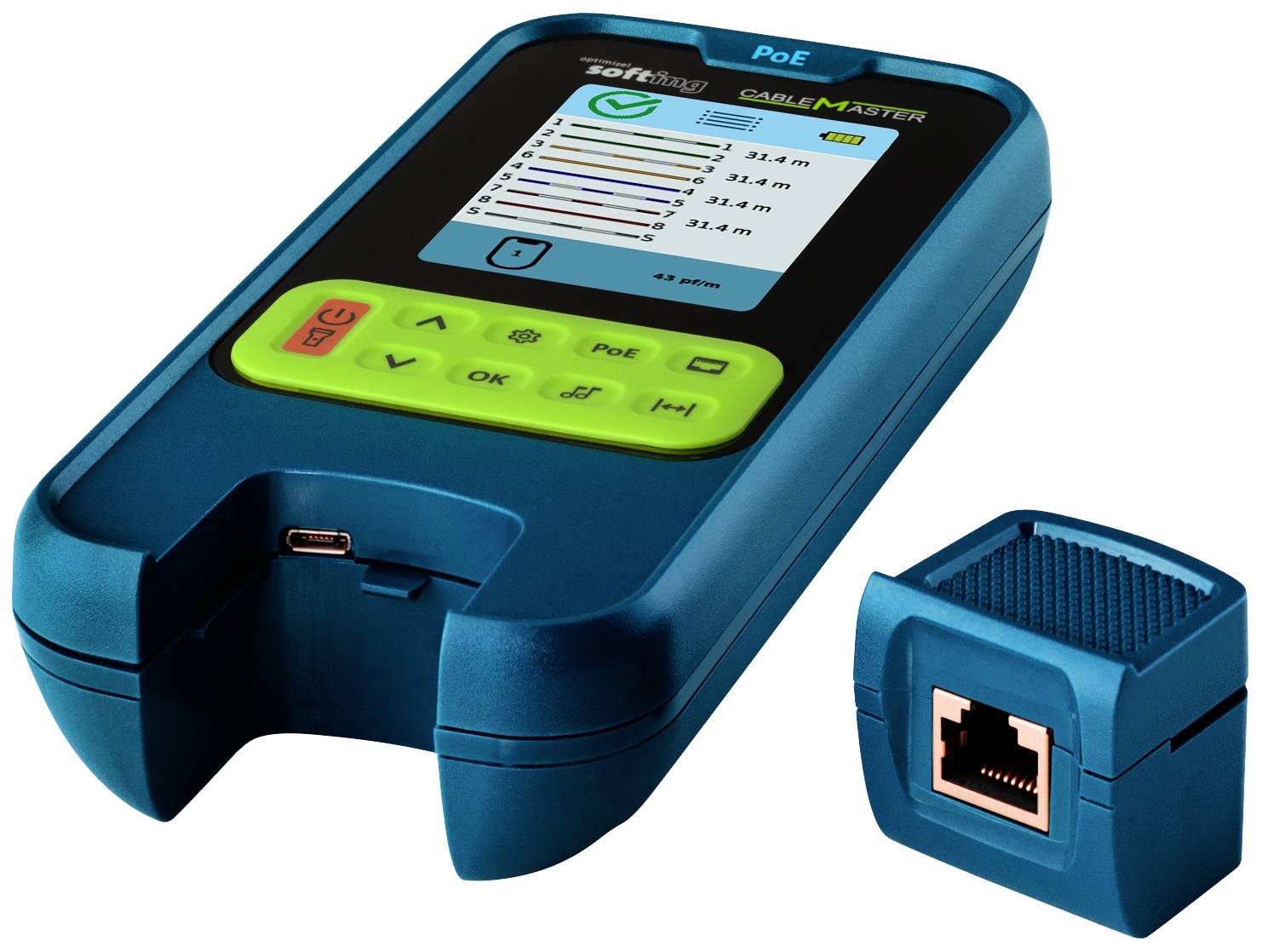 Un appareil de test de câbles bleu avec un écran affiche les résultats de mesure, à côté duquel se trouve un adaptateur de connexion amovible.