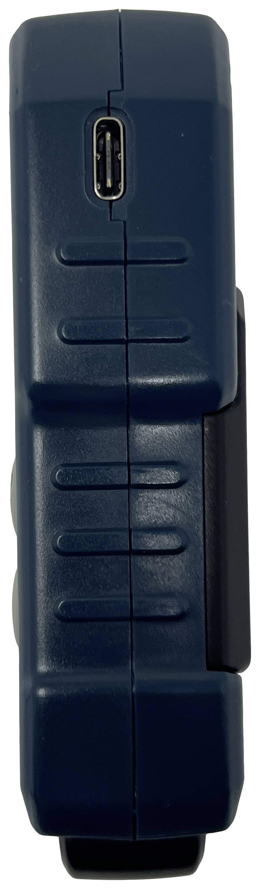 Un appareil électronique portable de couleur bleu foncé, doté d'un port USB-C en haut et de zones texturées sur les côtés pour une meilleure prise en main.