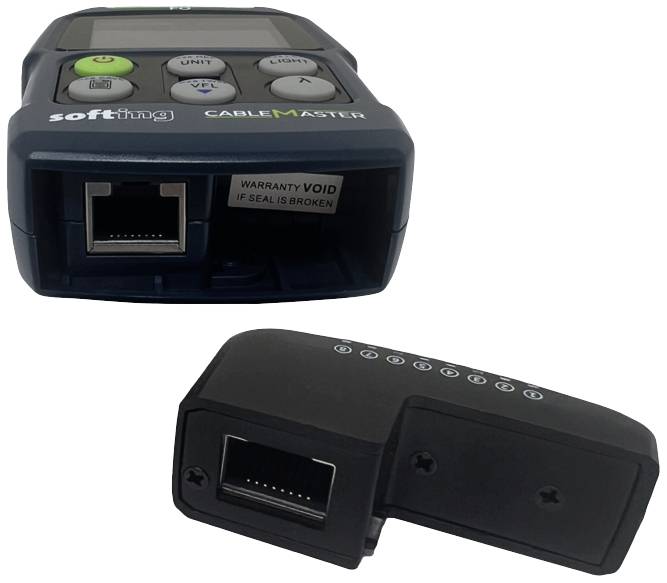 Appareil de test pour les tests de connexions de câbles avec interfaces Ethernet et affichage, incluant un adaptateur externe pour une analyse approfondie.