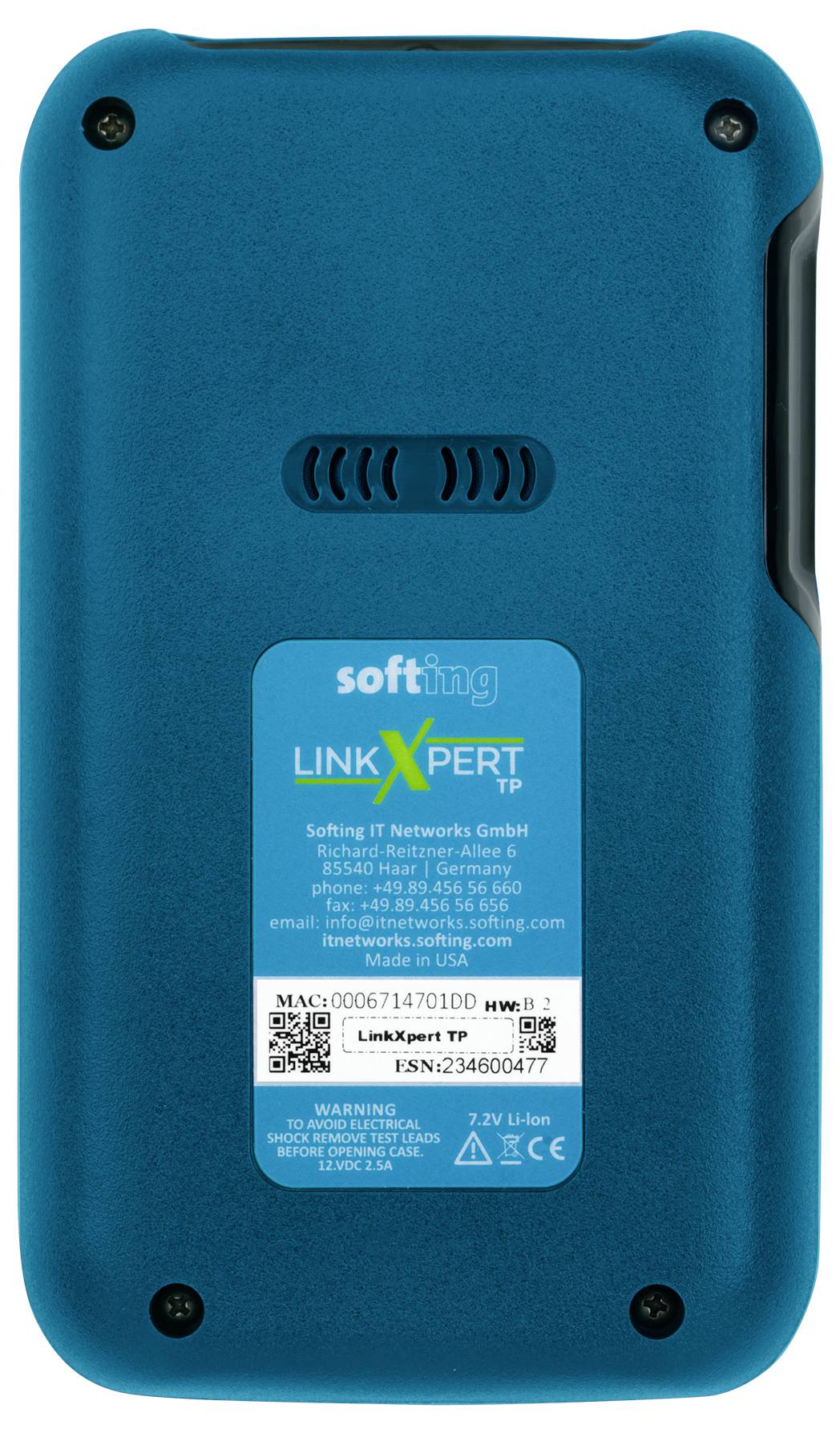 Rückansicht eines blauen LinkXpert TP-Handgeräts mit zentralem Etikett, Lüftungsöffnungen und Eckenschrauben.