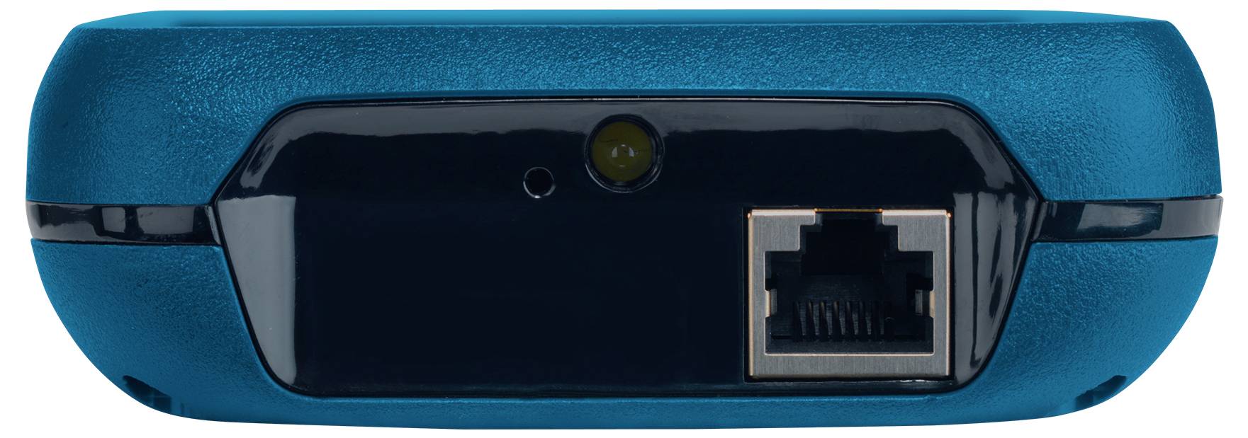 Nahaufnahme eines blauen Netzwerkgeräts mit einem vorderen Ethernet-Anschluss und einer Kontrollleuchte.