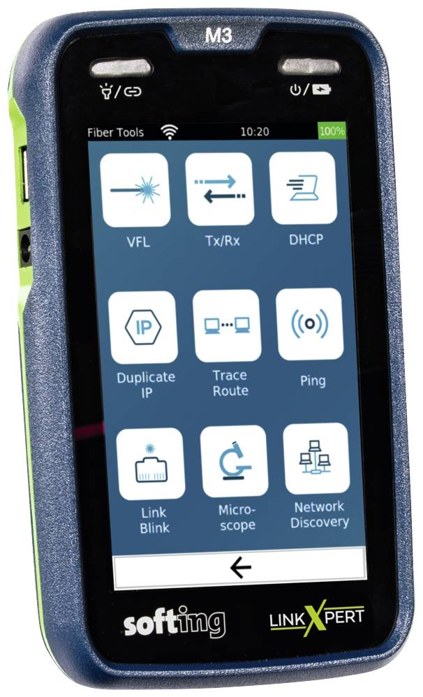 Un appareil de test portable doté d'un écran tactile affiche des outils de diagnostic réseau tels que 'Ping', 'Trace Route' et 'DHCP' pour les Fiber Tools.