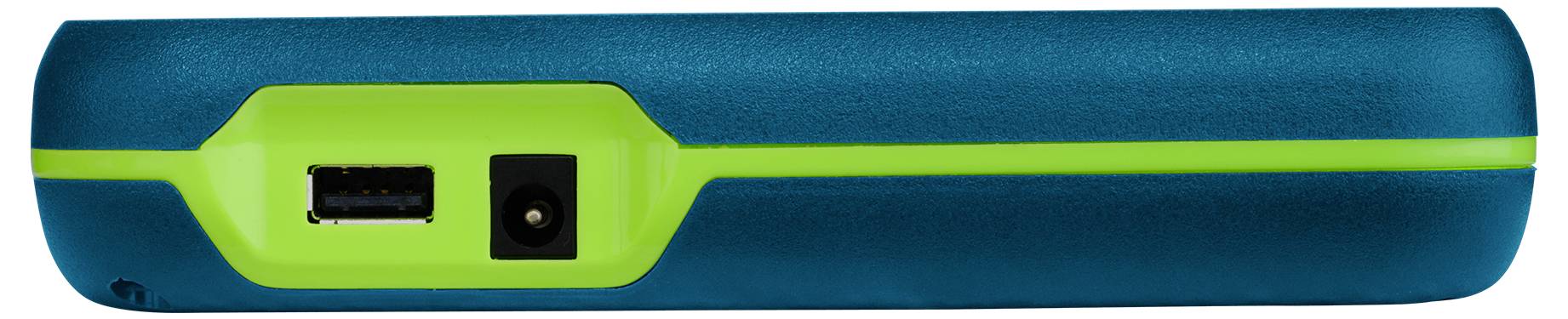 Draufsicht auf ein blaues elektronisches Gerät mit einem leuchtend grünen Panel, das einen USB-Anschluss und eine Stromanschlussbuchse aufweist.