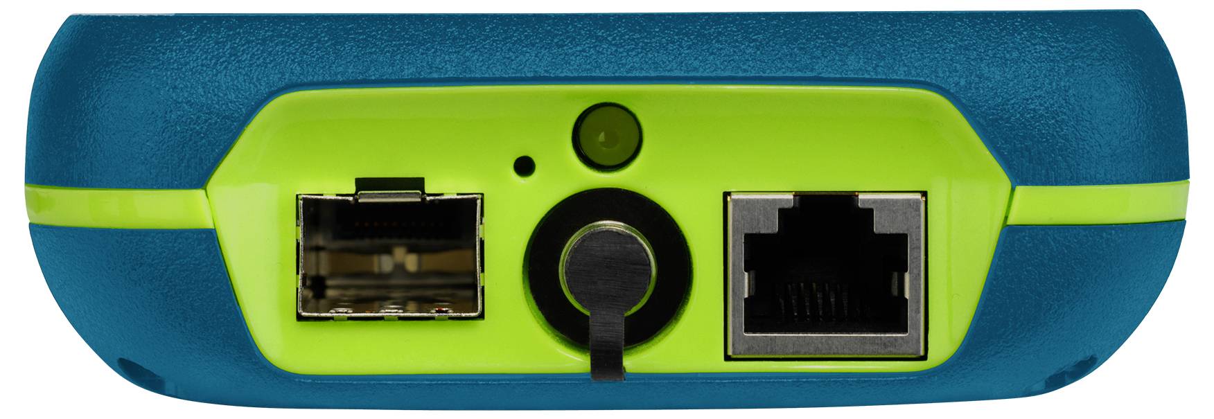 Nahaufnahme einer Geräteanschlussleiste mit einer Ethernet-Buchse, einem zentralen runden Anschluss und einem Stromstecker, umrahmt von einem blau und grün gefärbten Gehäuse.