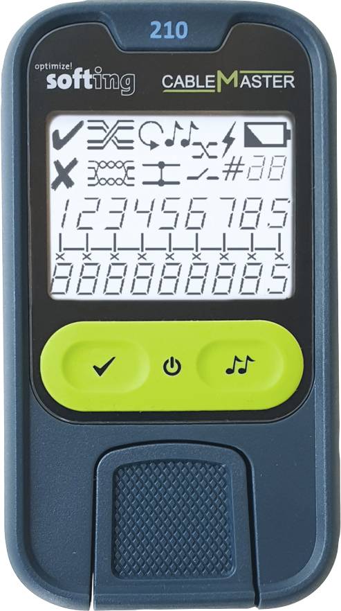 Appareil électronique de test de câbles avec écran, affichant les types de câbles, les symboles et les chiffres. Deux touches situées en dessous pour les réglages de fonctions.