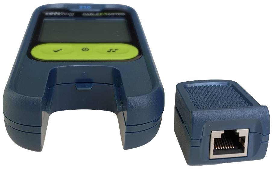 Un testeur de câbles bleu avec un adaptateur amovible à côté. Le testeur dispose de touches de commande vertes et d'un écran.