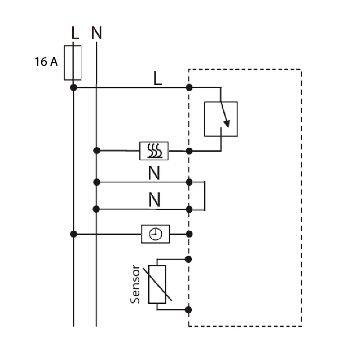 Le schéma électrique montre un circuit avec un fusible de 16A, un capteur et plusieurs composants, dont un élément chauffant et un interrupteur.