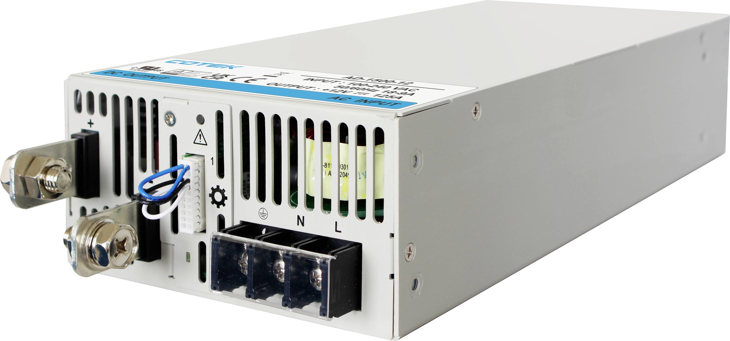 Unité d'alimentation électrique industrielle avec des fentes de ventilation, des connexions et une étiquette avec des spécifications techniques sur le dessus.