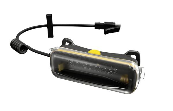 Accessoire de lampe de poche compact avec étui transparent, cadre noir et bouton jaune.