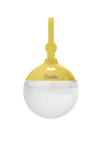 Une machine à bulles jaune, sphérique, portant l'inscription 'Bubble'. Elle possède une poignée en haut et est mi-transparente.