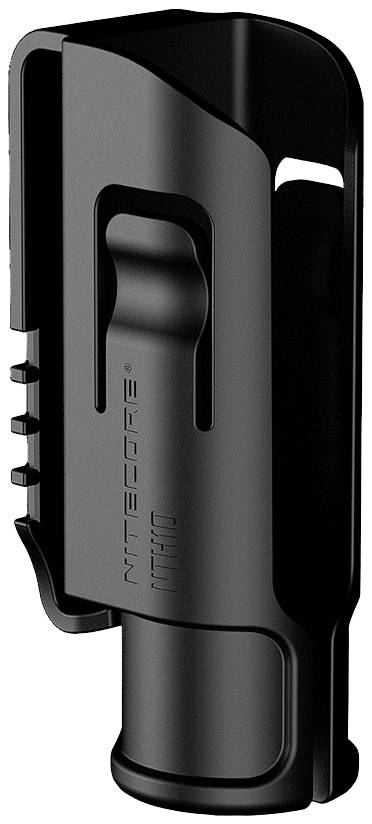 Support de lampe de poche noir avec clip, adapté aux lampes de poche compactes. Le design affiche le mot 'NITECORE'. Idéal pour une fixation à la ceinture.