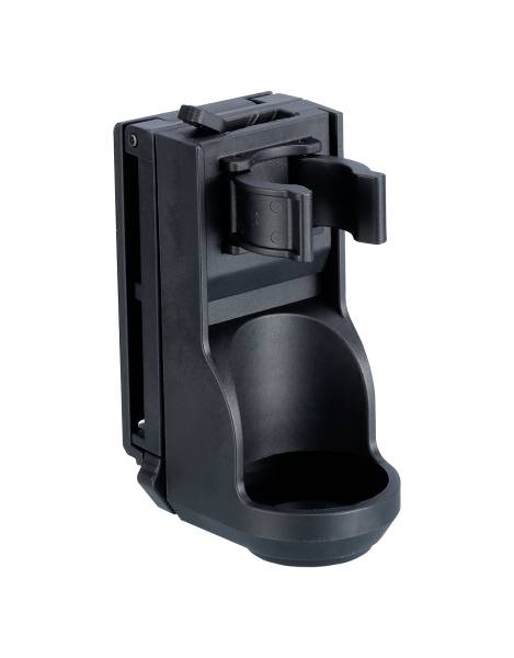 Support de bouteille noir en plastique, ergonomique et conçu pour un montage mural, adapté à différentes tailles de bouteilles.